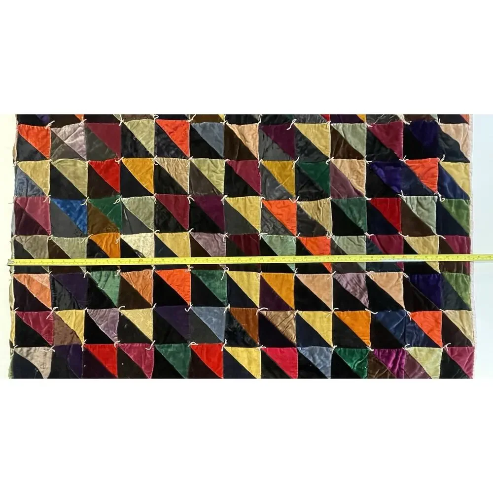 Vintage 70s Velvet Patchwork Hippie Boho Quilt Bedspread Blanket Full Sz 86”x82”